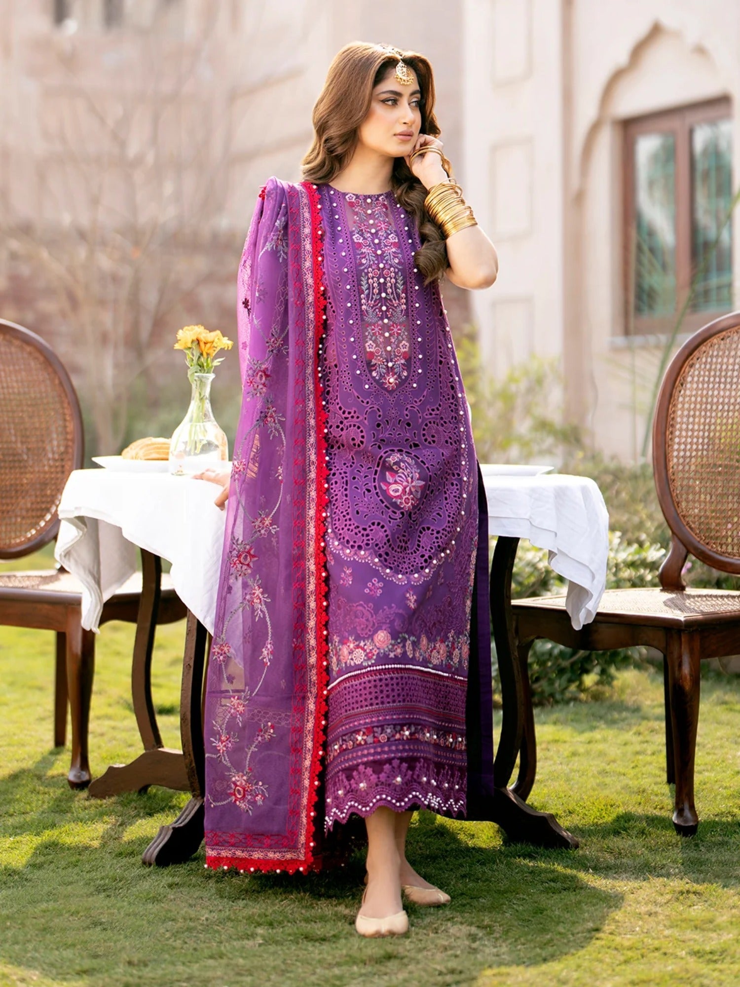 Purple-Binilyas Lawn Embroidered Unstitched 3-Piece Suit-404 - B