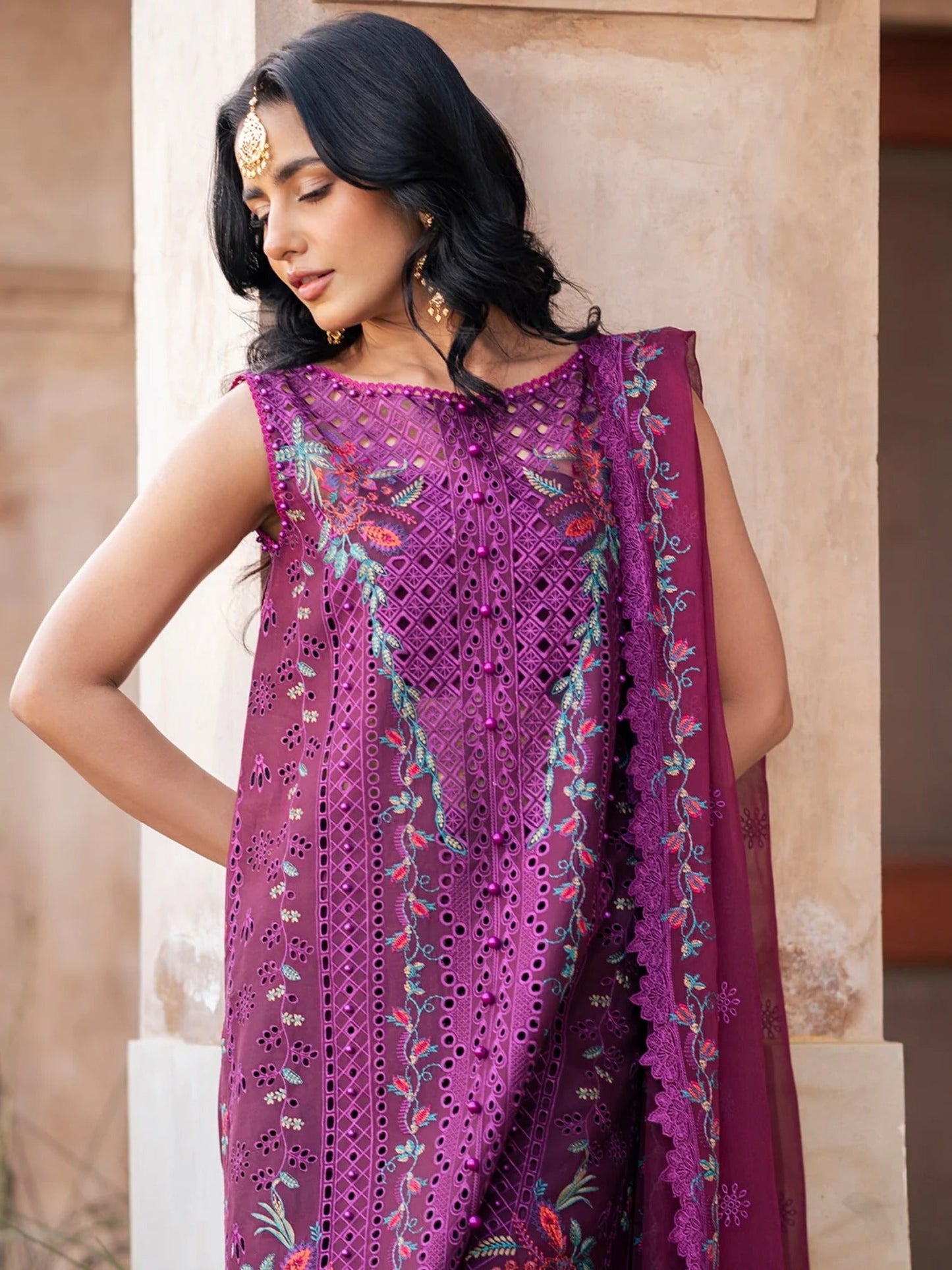 Purple-Binilyas Lawn Embroidered Unstitched 3-Piece Suit-405 - B