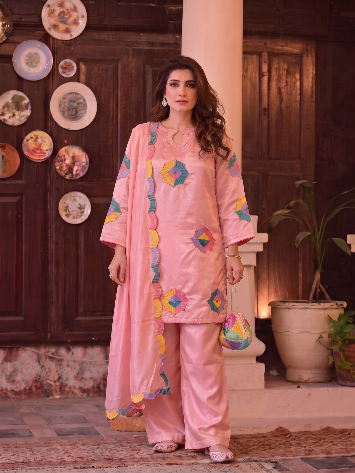 Pink Duas Boutique Sheesha Silk Embroidered Stitched 3-Piece Suit-Rainbow Rose