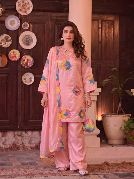 Pink Duas Boutique Sheesha Silk Embroidered Stitched 3-Piece Suit-Rainbow Rose