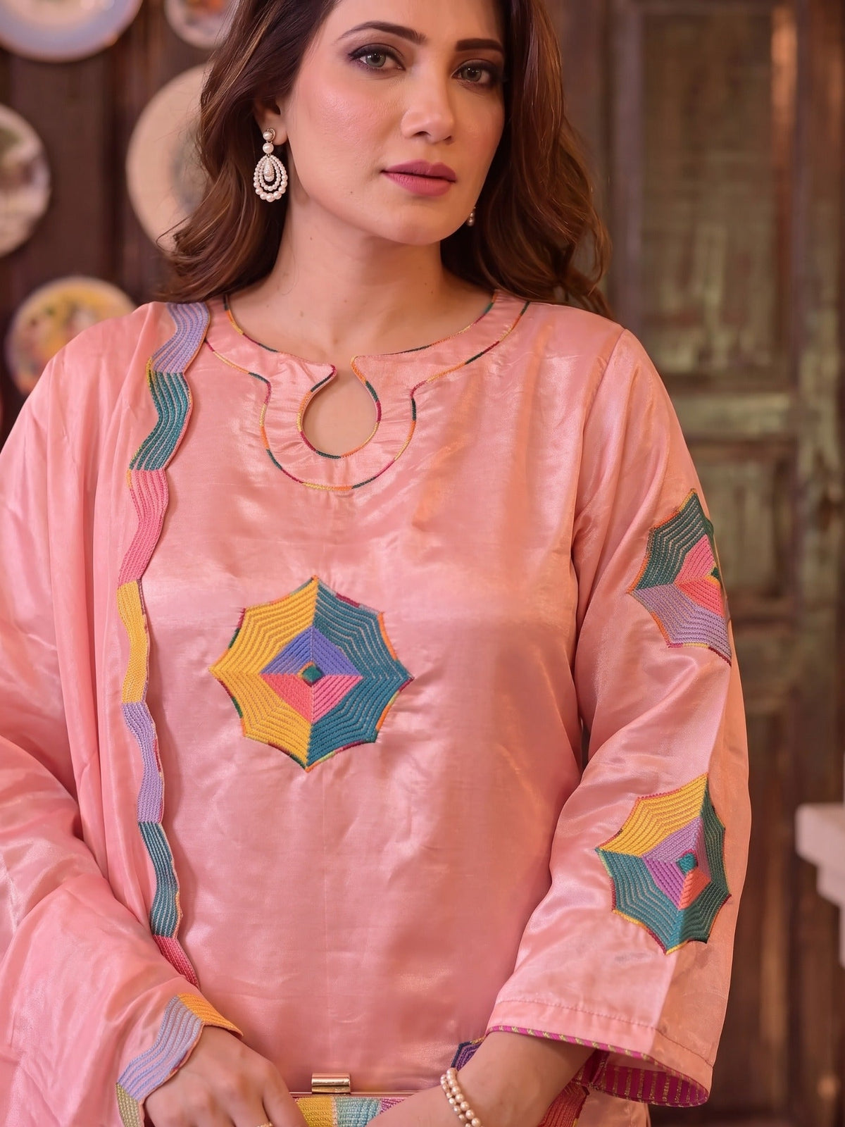 Pink Duas Boutique Sheesha Silk Embroidered Stitched 3-Piece Suit-Rainbow Rose