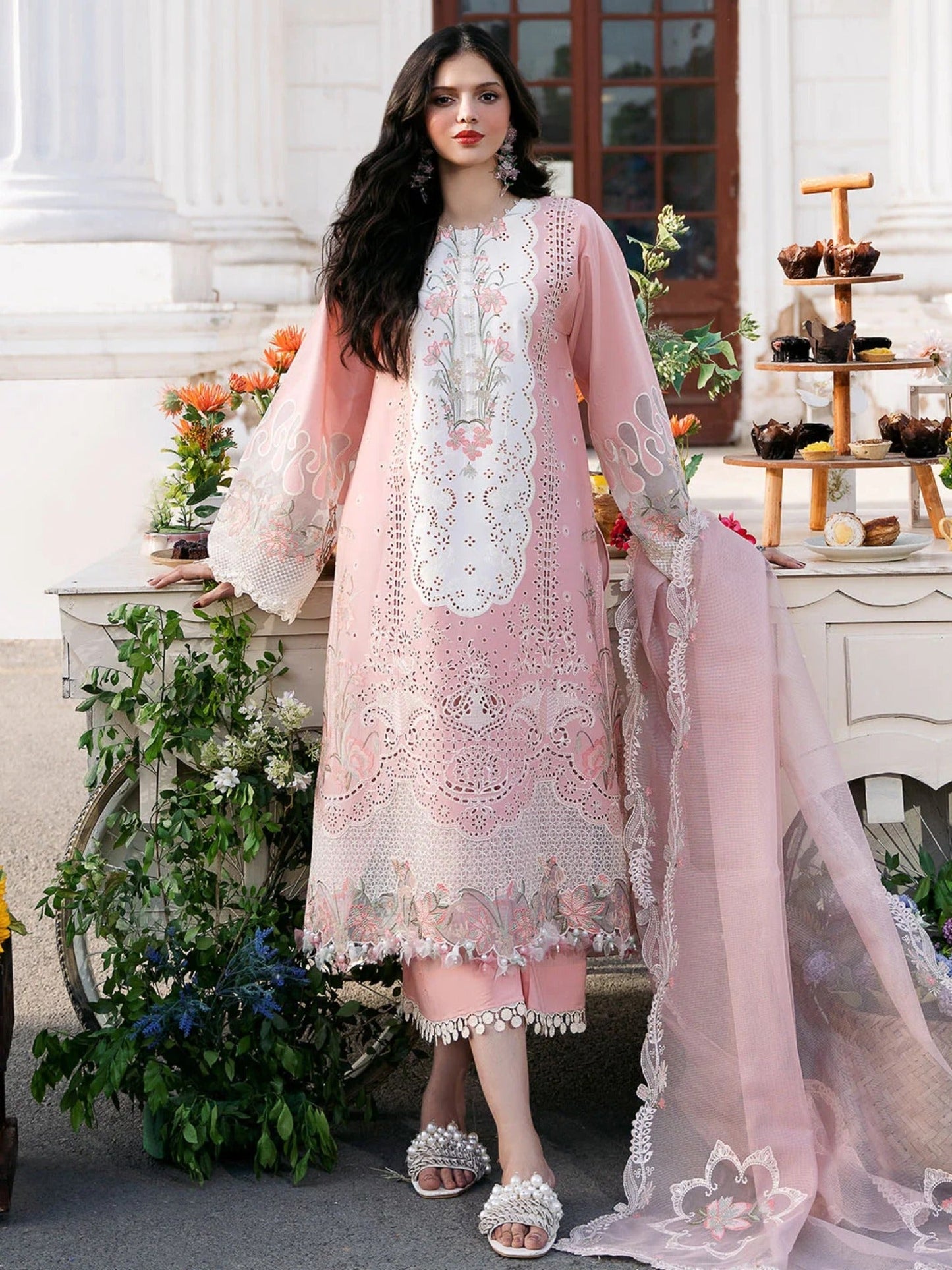 Pink-Binilyas Lawn Embroidered Unstitched 3-Piece Suit-216 - A