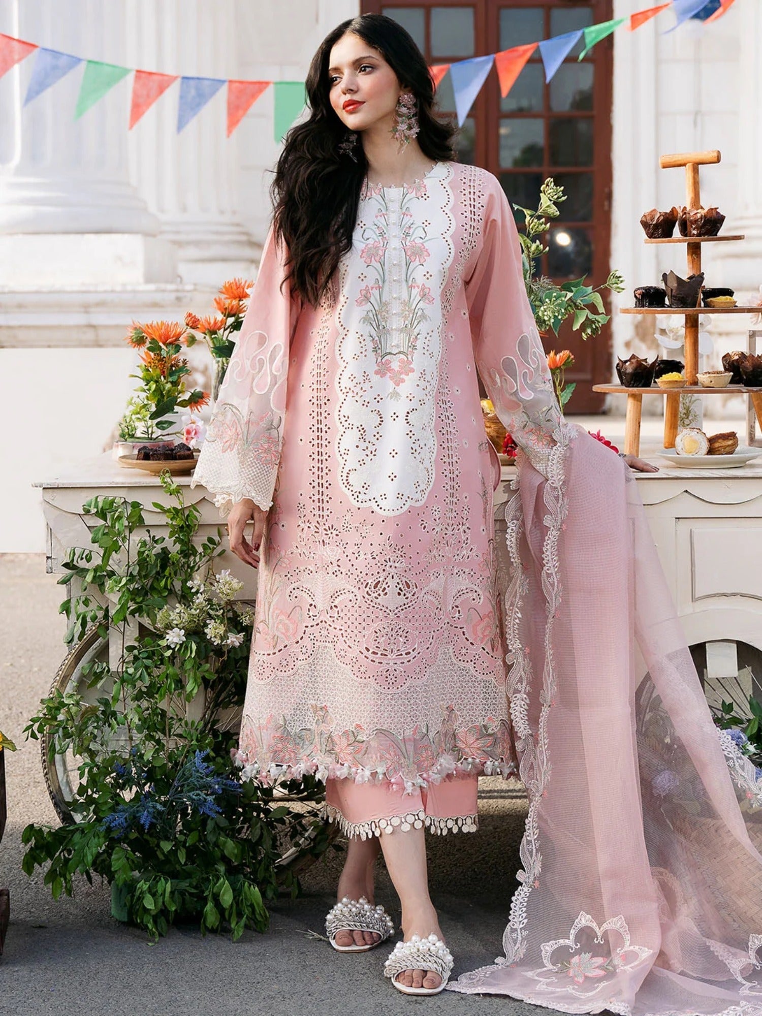 Pink-Binilyas Lawn Embroidered Unstitched 3-Piece Suit-216 - A