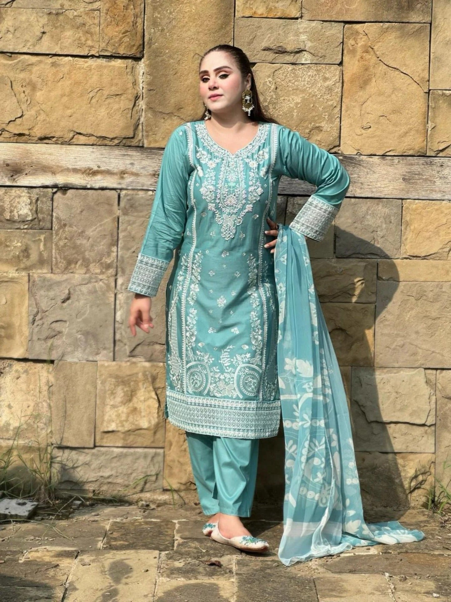 Blue-MH Cloth House Lawn Embroidered Stitched 3-Piece Suit-Anchal
