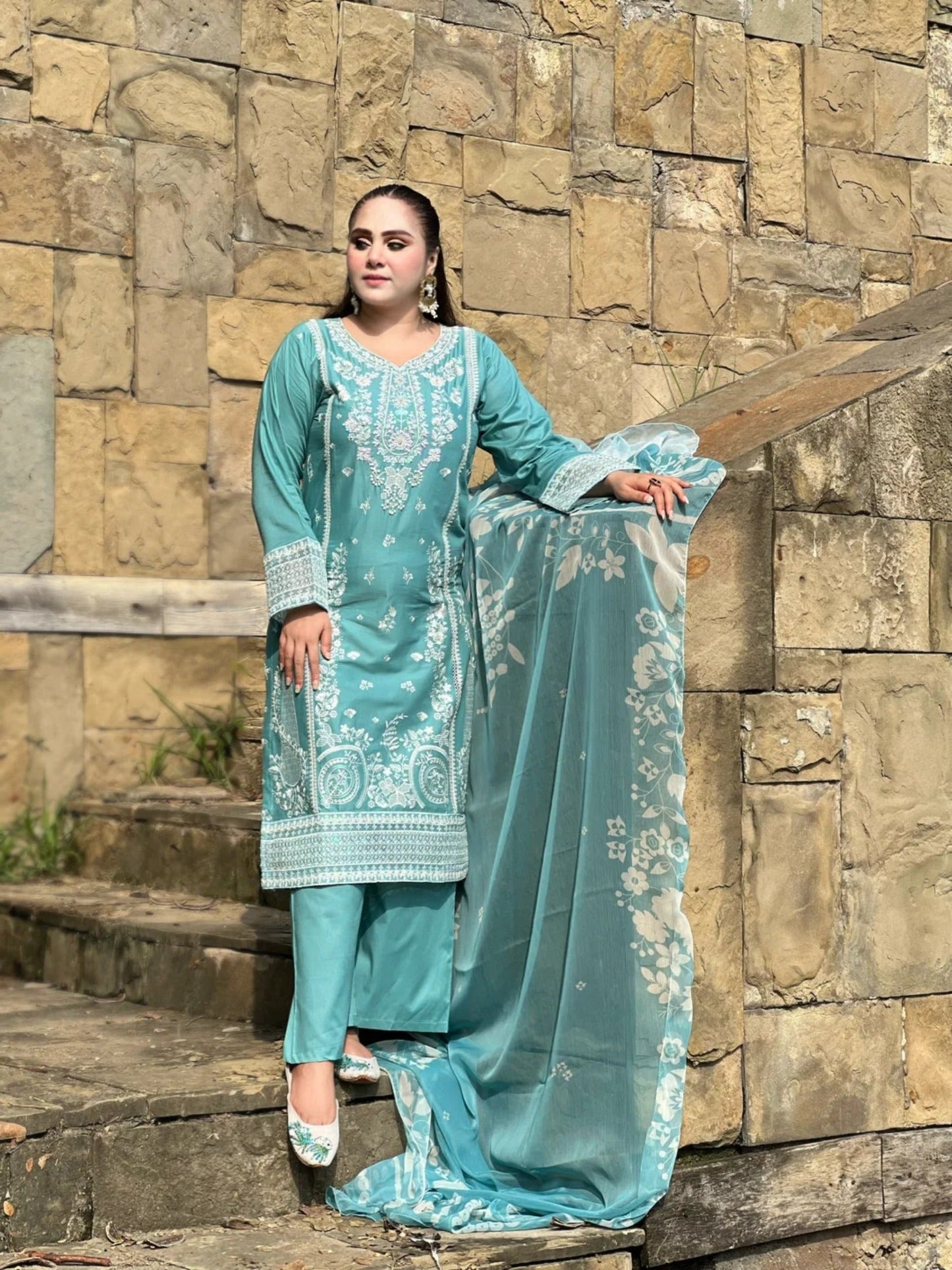 Blue-MH Cloth House Lawn Embroidered Stitched 3-Piece Suit-Anchal