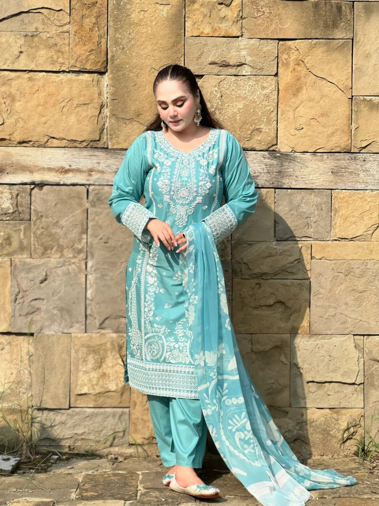 Blue-MH Cloth House Lawn Embroidered Stitched 3-Piece Suit-Anchal