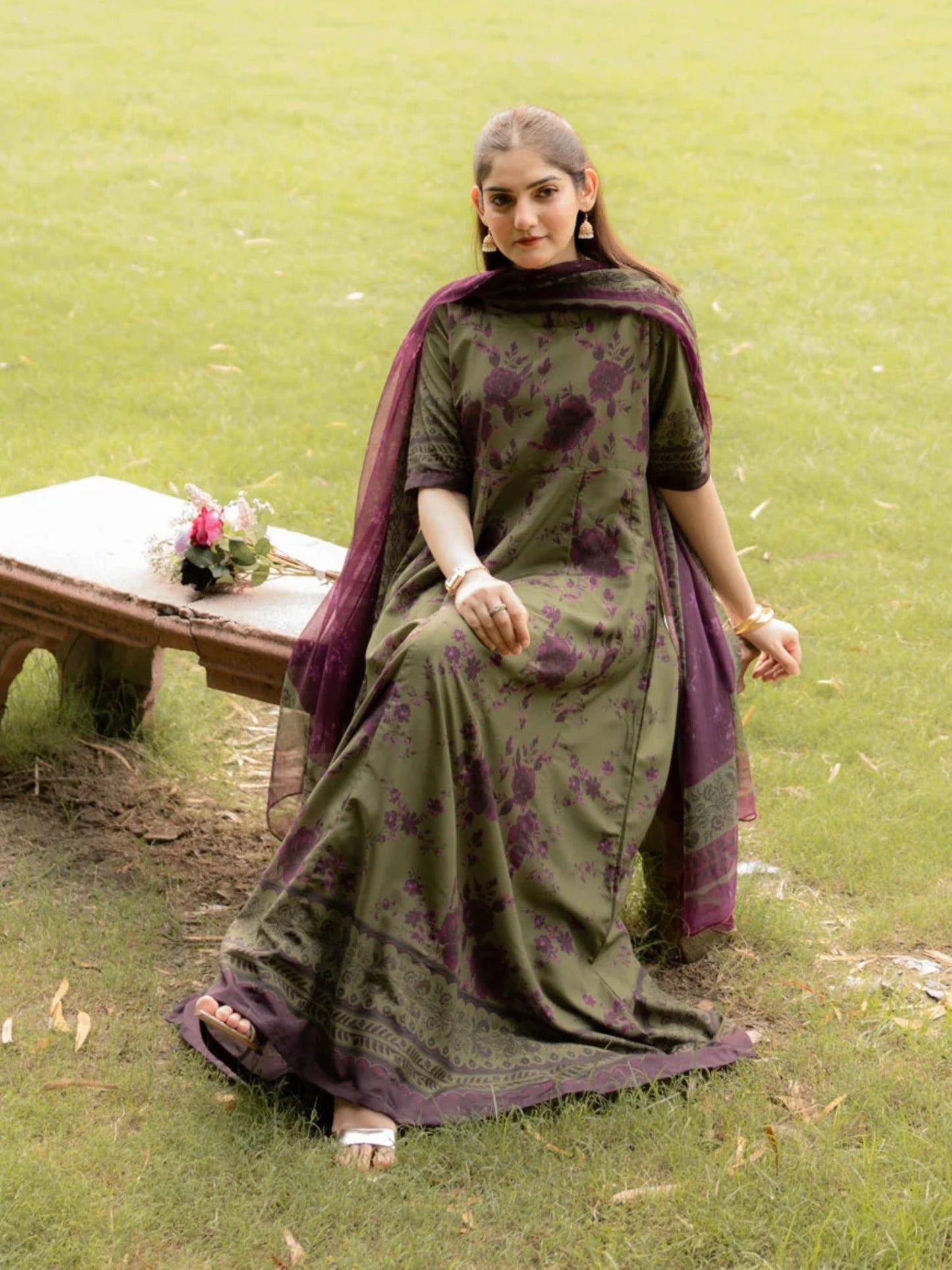 Olive and Purple-MH Cloth House Blended Lawn Printed Stitched 2-Piece Suit-Ayra