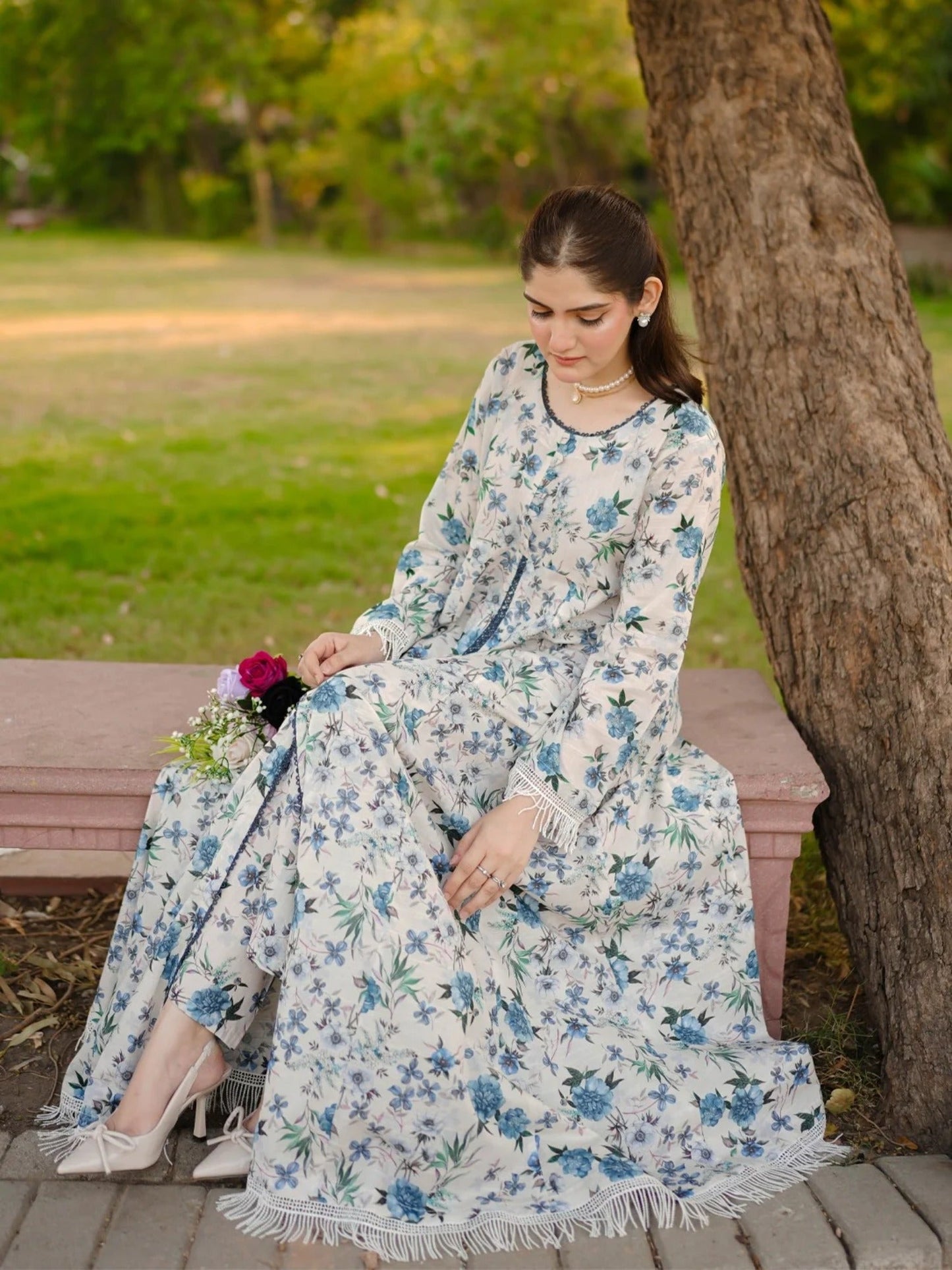 Blue and white-MH Cloth House Cotton Lawn Printed Stitched 2-Piece Suit-Azure Grace