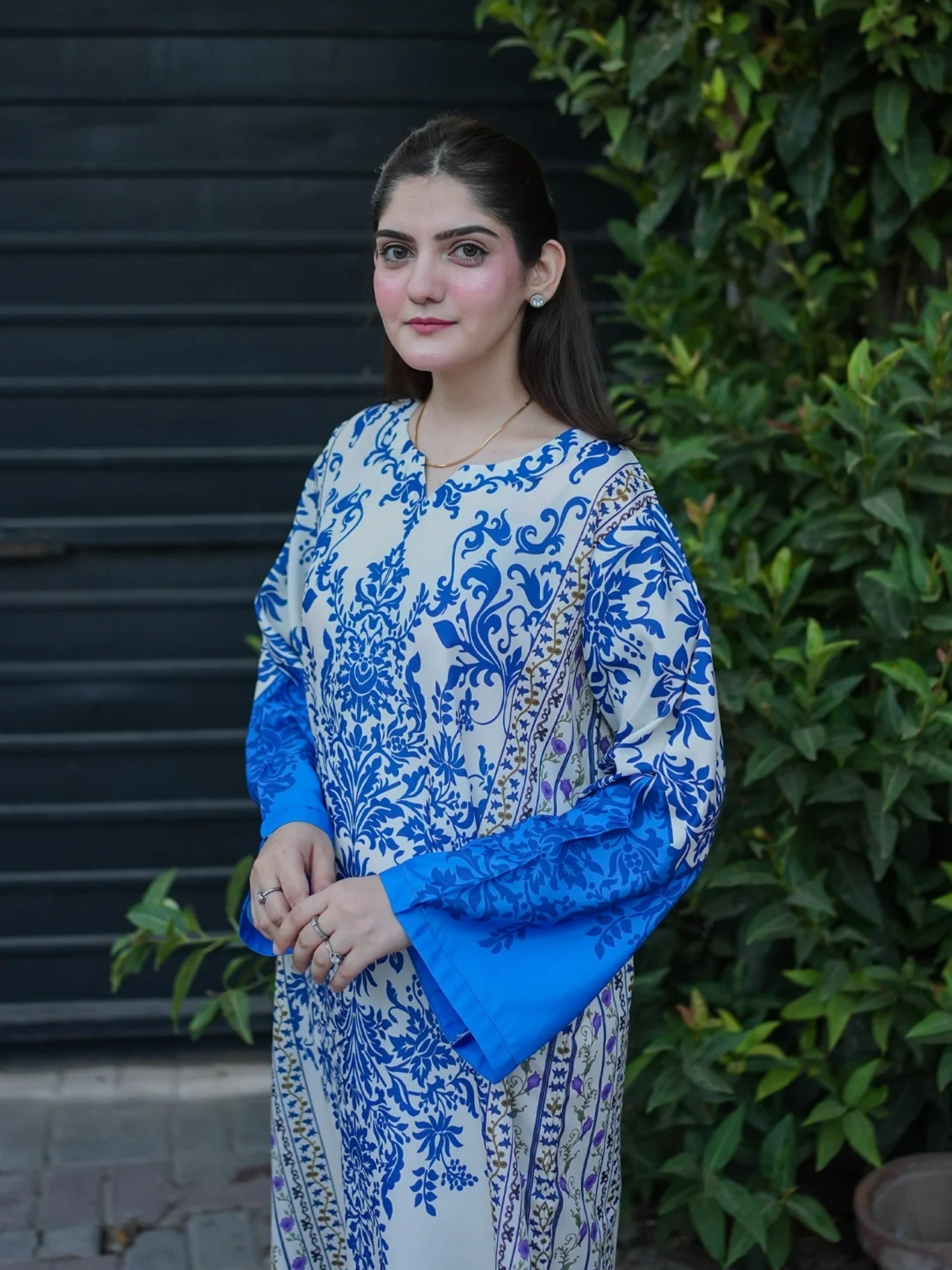 Blue-MH Cloth House Blended Lawn Printed Stitched Shirt-Blue Sapphire