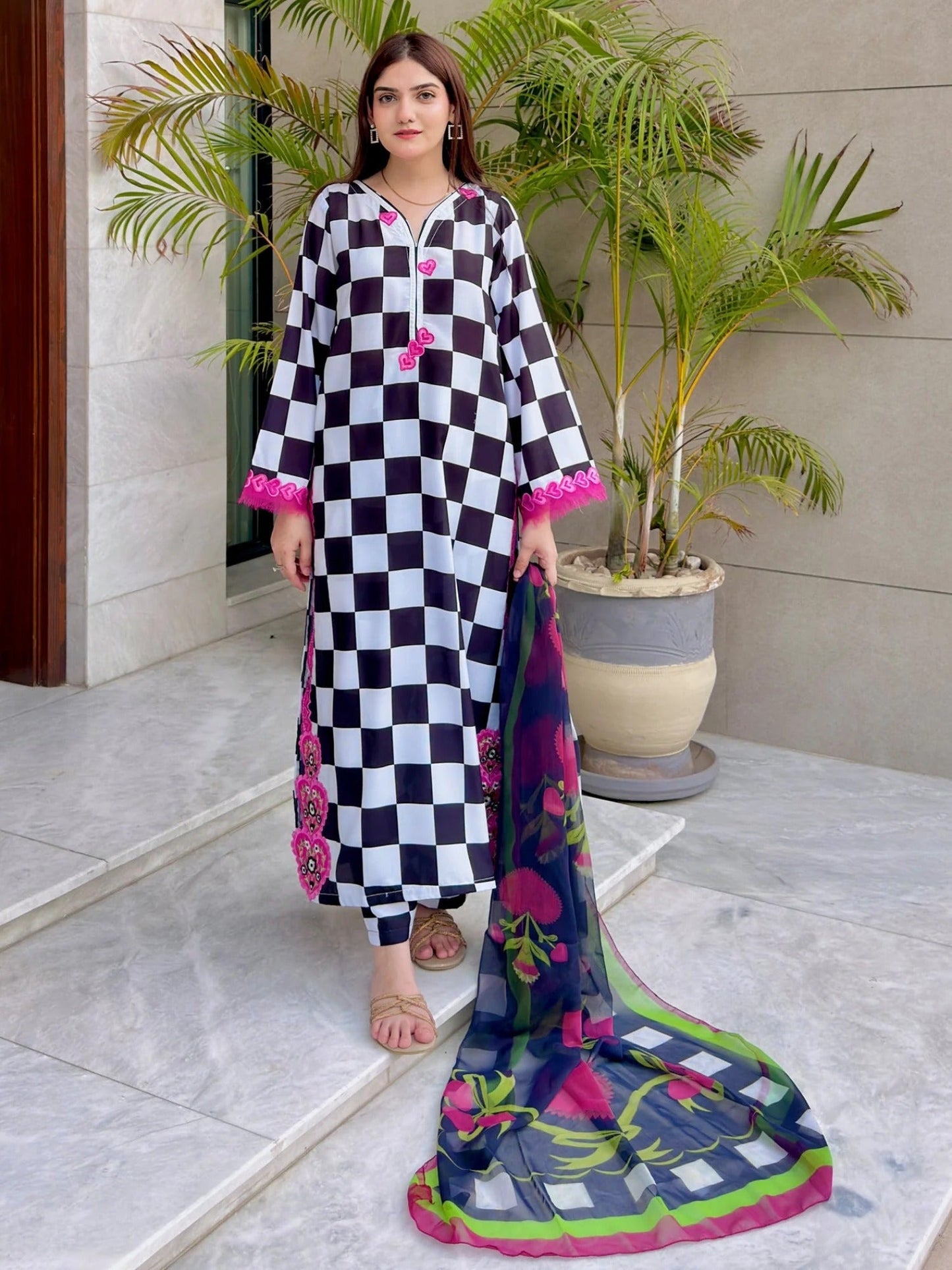 Black and White-MH Cloth House Blended Lawn Embroidered Stitched 3-Piece Shirt-Checkmate Charm