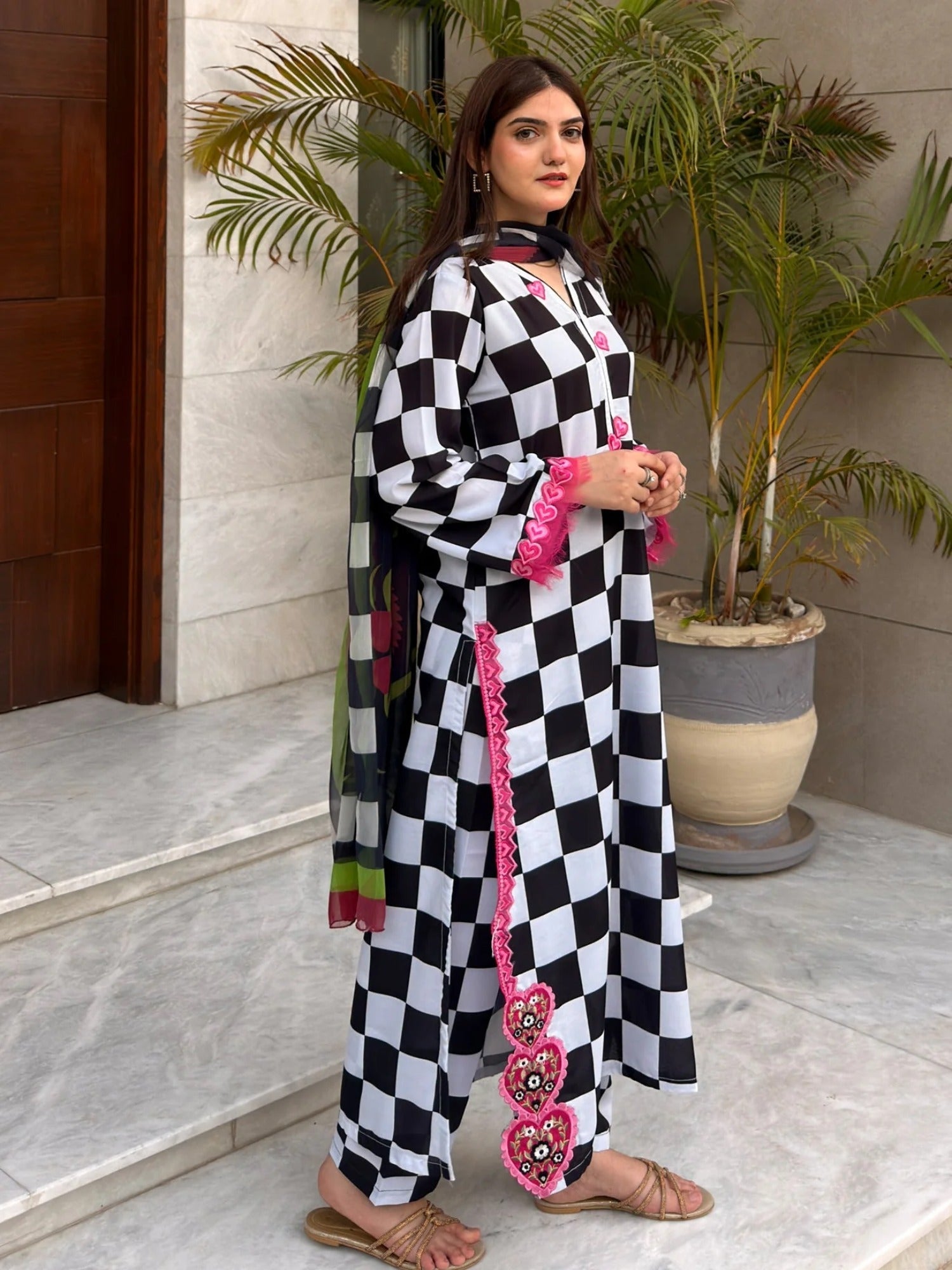 Black and White-MH Cloth House Blended Lawn Embroidered Stitched 3-Piece Shirt-Checkmate Charm