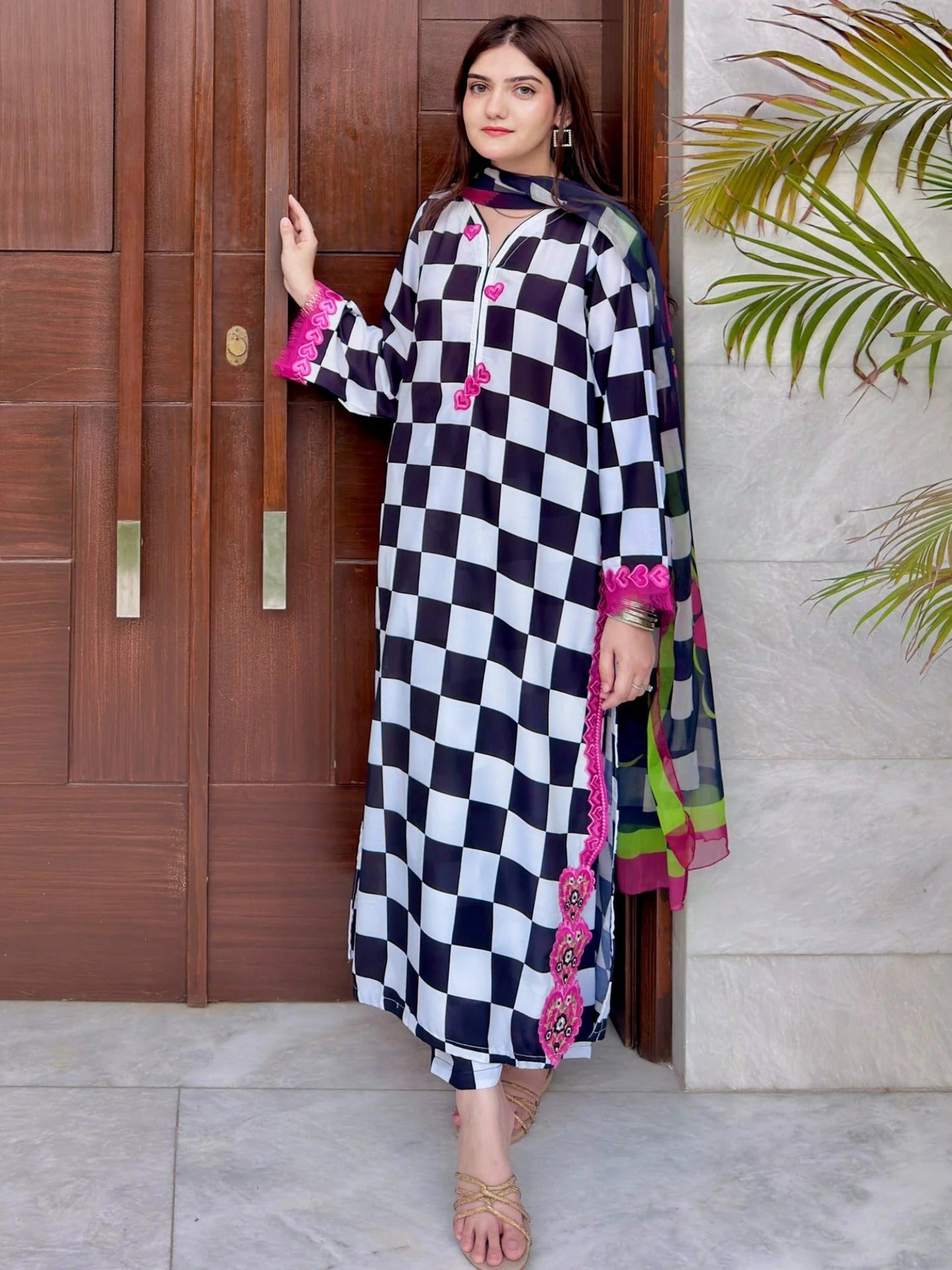 Black and White-MH Cloth House Blended Lawn Embroidered Stitched 3-Piece Shirt-Checkmate Charm