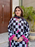 Black and White-MH Cloth House Blended Lawn Embroidered Stitched 3-Piece Shirt-Checkmate Charm