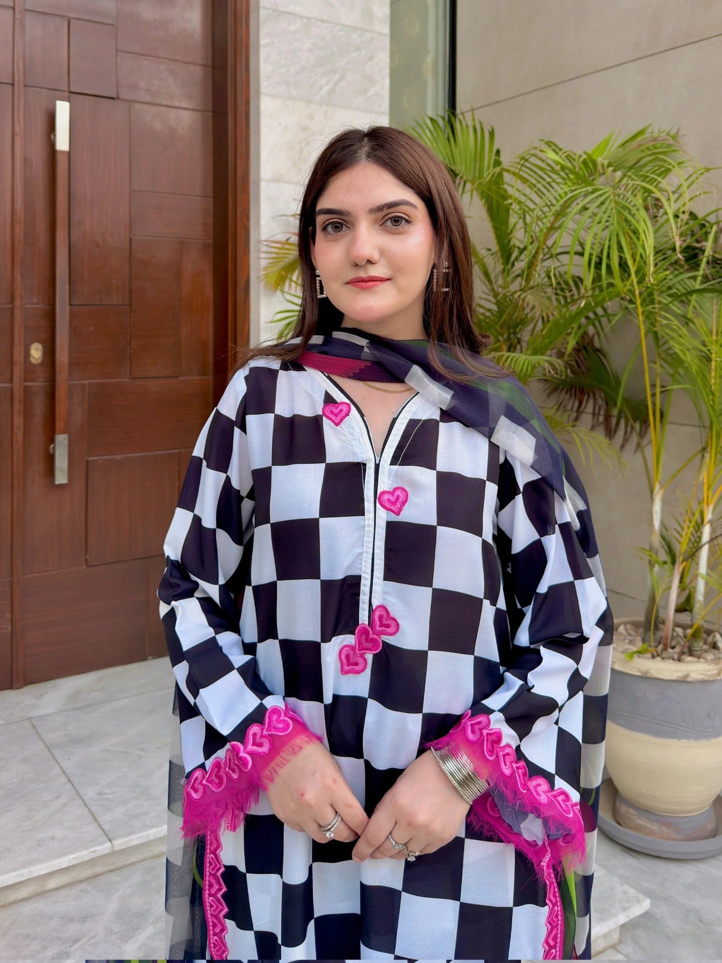 Black and White-MH Cloth House Blended Lawn Embroidered Stitched 3-Piece Shirt-Checkmate Charm
