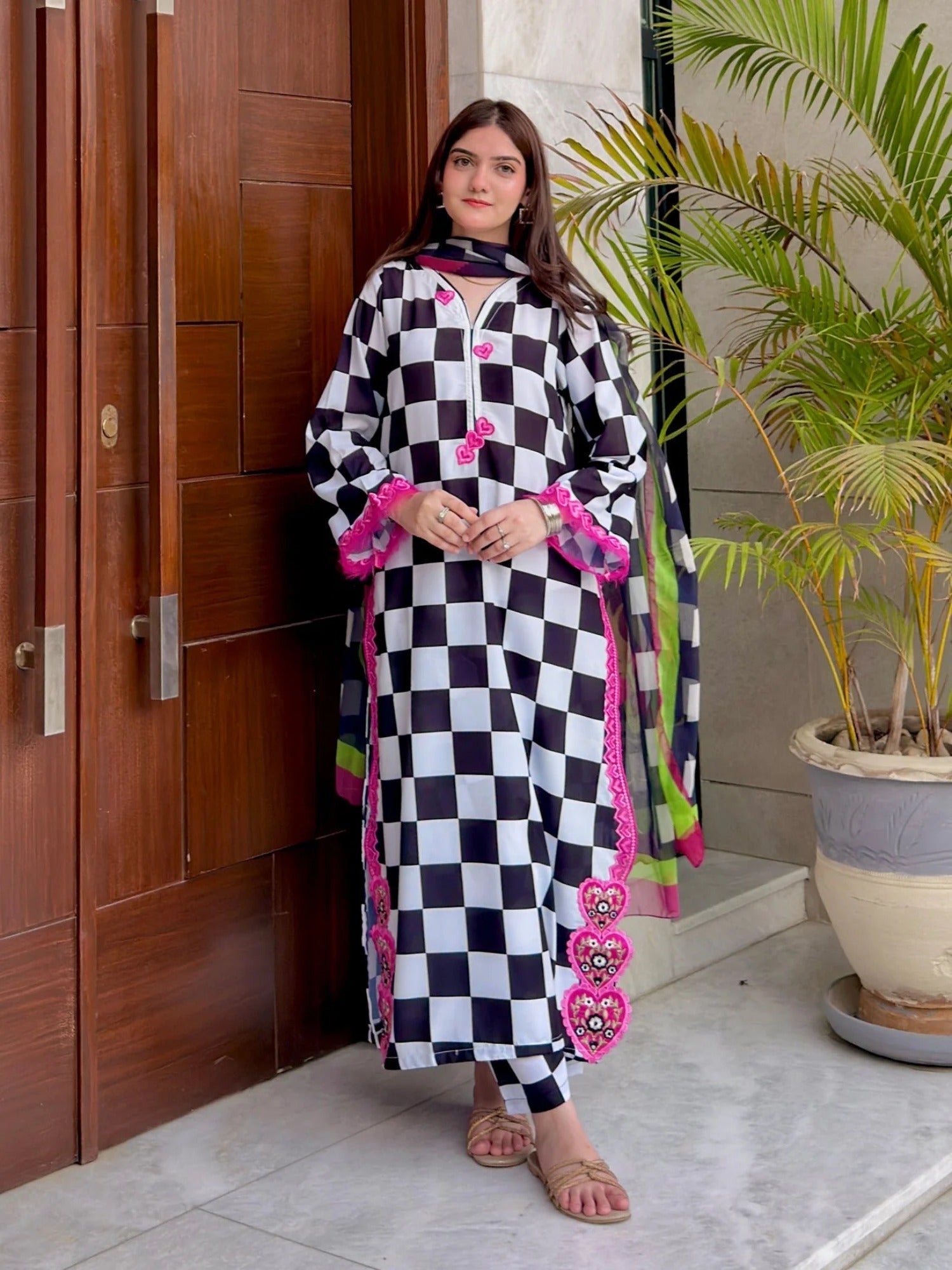 Black and White-MH Cloth House Blended Lawn Embroidered Stitched 3-Piece Shirt-Checkmate Charm