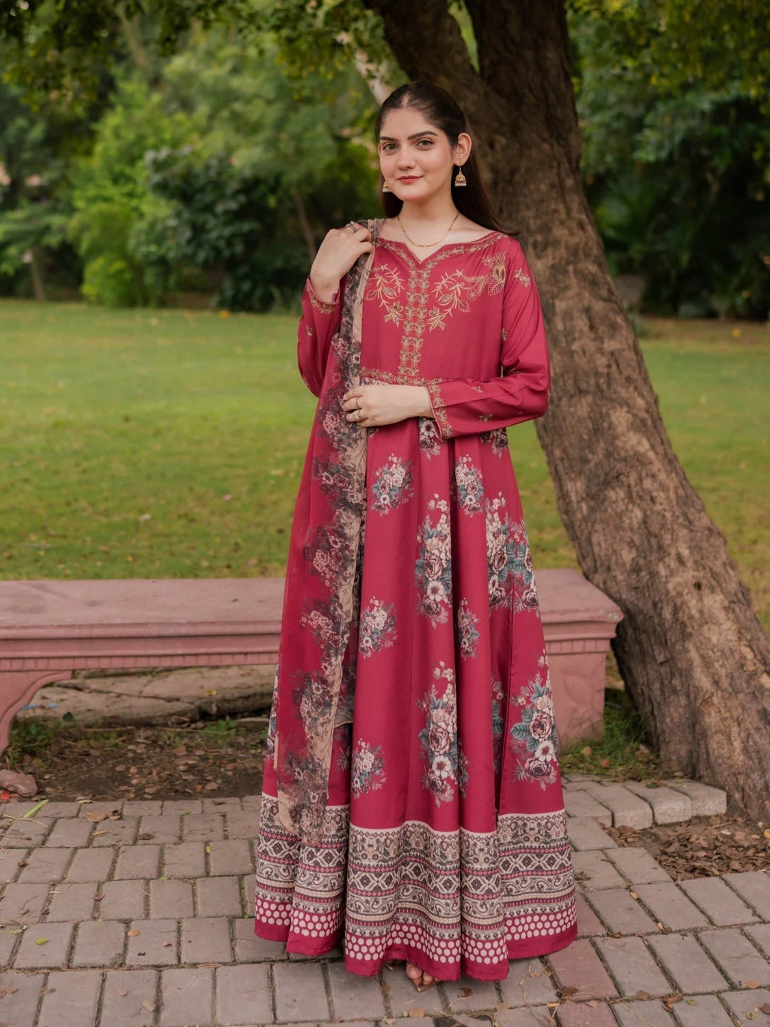 Maroon-MH Cloth House Blended Lawn Printed Stitched 2-Piece Suit-Elara