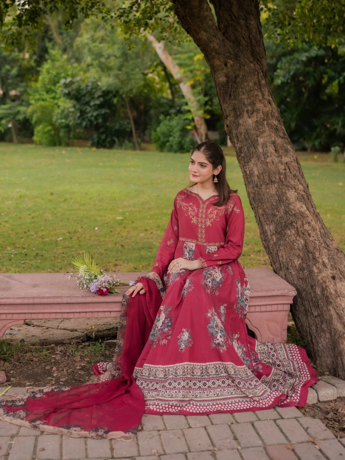 Maroon-MH Cloth House Blended Lawn Printed Stitched 2-Piece Suit-Elara