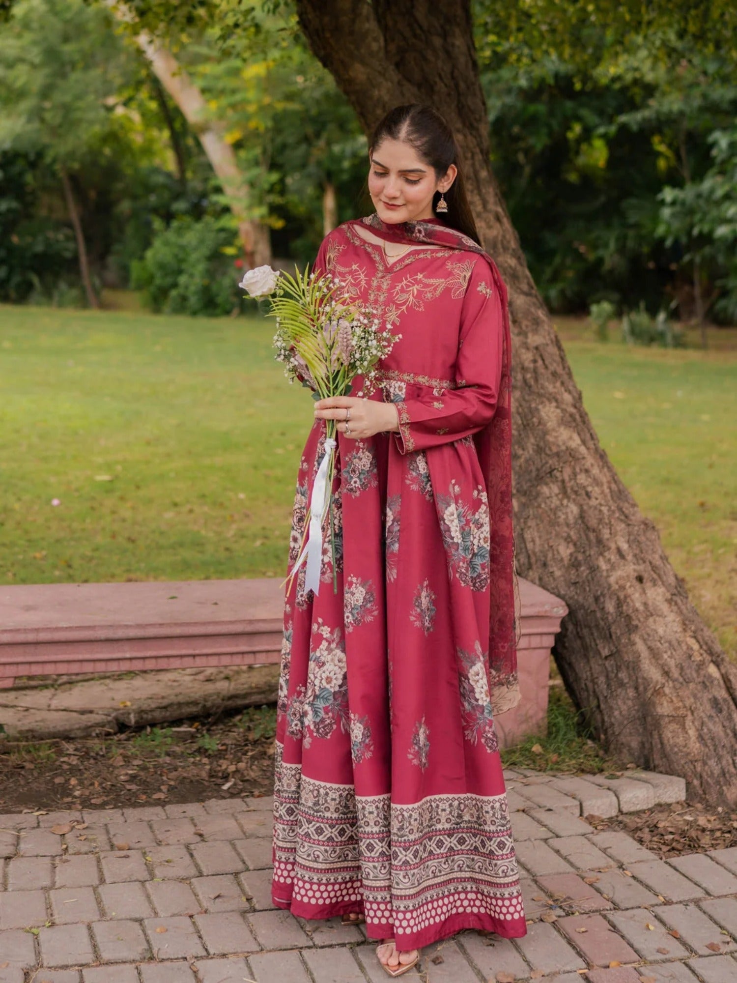 Maroon-MH Cloth House Blended Lawn Printed Stitched 2-Piece Suit-Elara