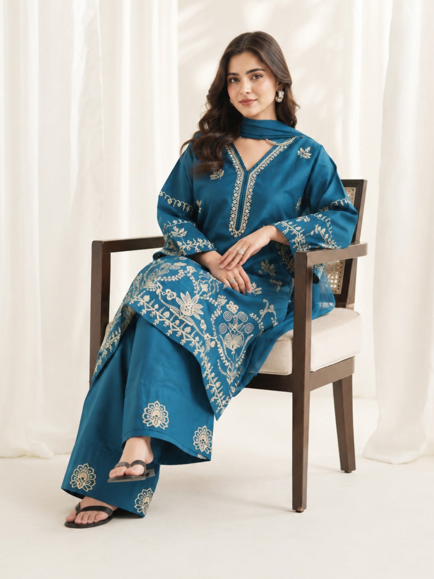 Blue-Alina Lime Linen Embroidered Stitched 3-Piece Suit-Blue Petal  