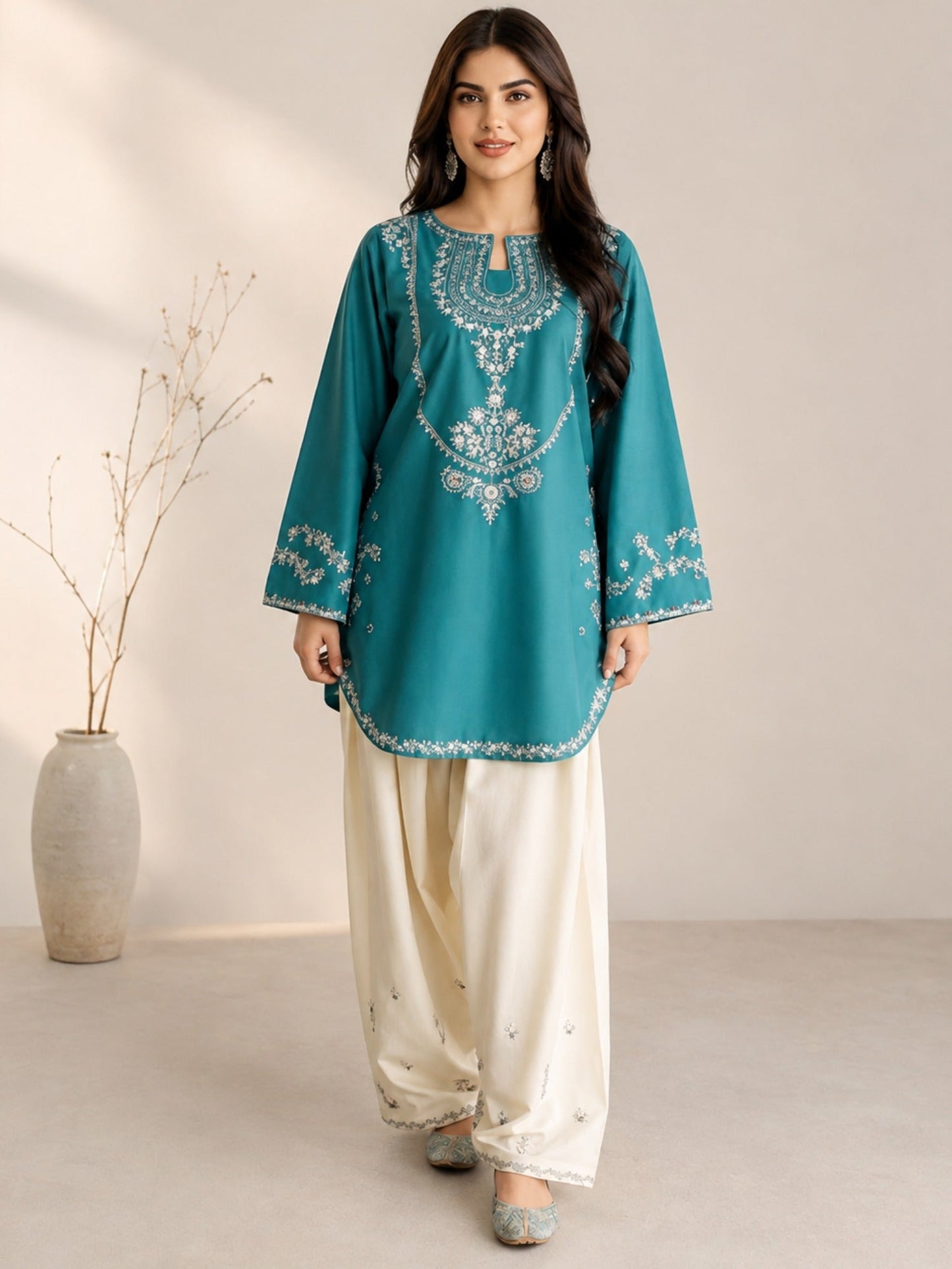 Green and white-Alina Lime Lawn Embroidered Stitched 2-Piece Suit-Hania 