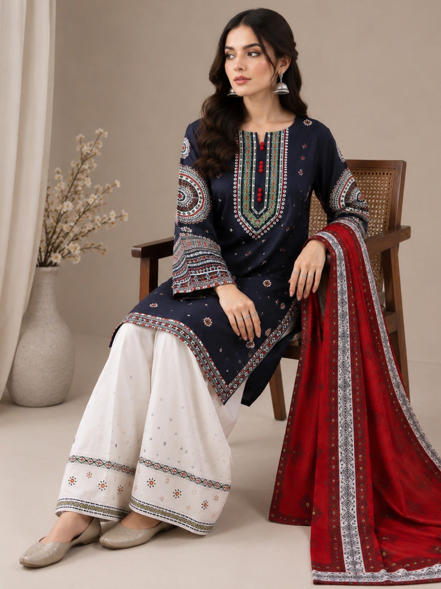 Blue and white-Alina Lime Linen Embroidered Stitched 3-Piece Suit-Rangraz