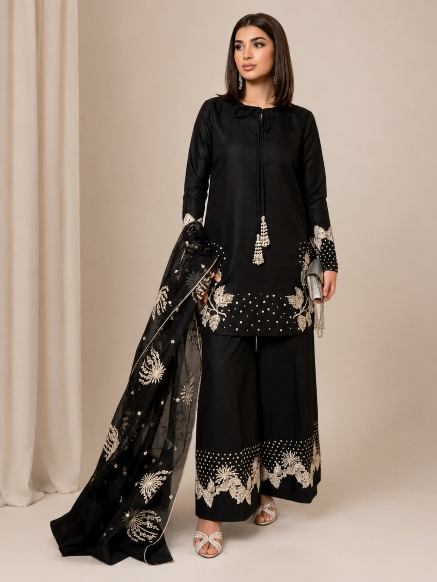 Black-Alina Lime Lawn Embroidered Stitched 3-Piece Suit-Mid Night 