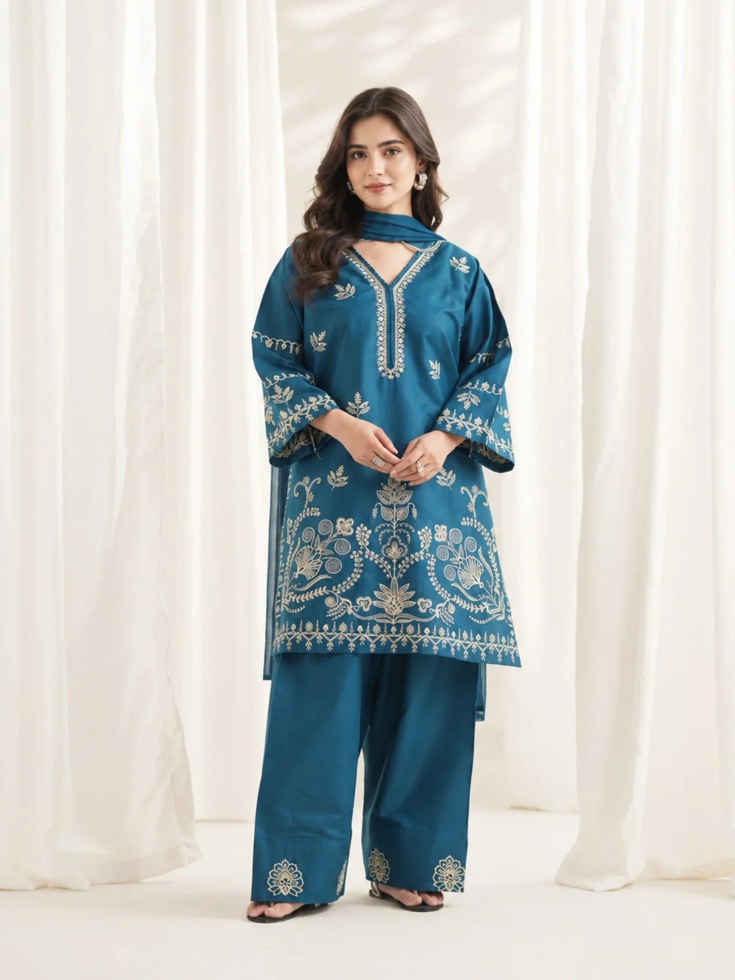 Blue-Alina Lime Linen Embroidered Stitched 3-Piece Suit-Blue Petal  