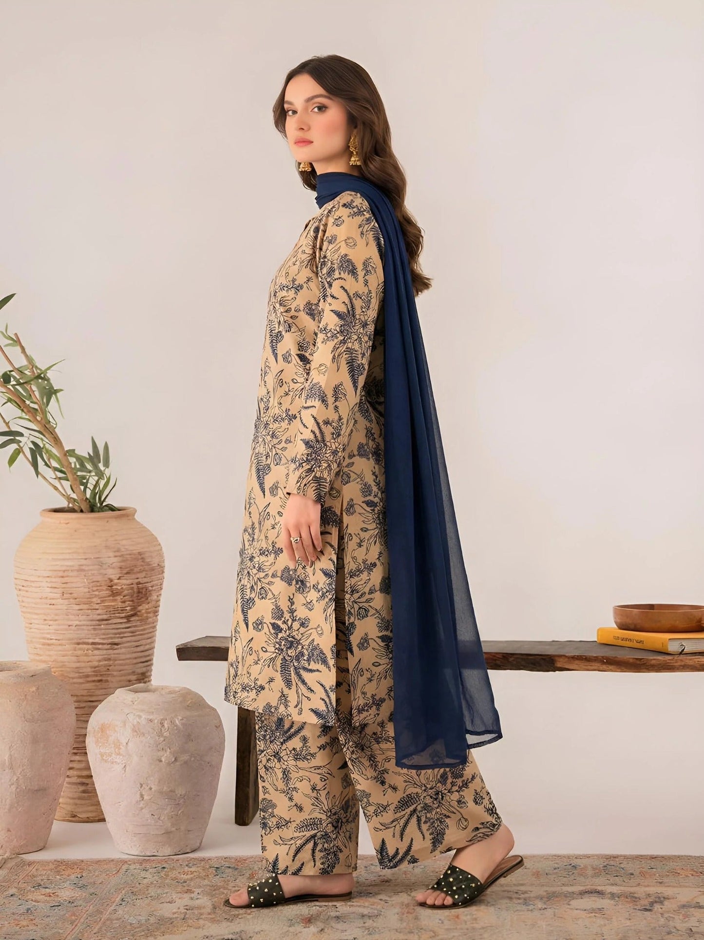 Beige-Libas-e-Khas Linen Printed Stitched 3-Piece Suit-Shiza
