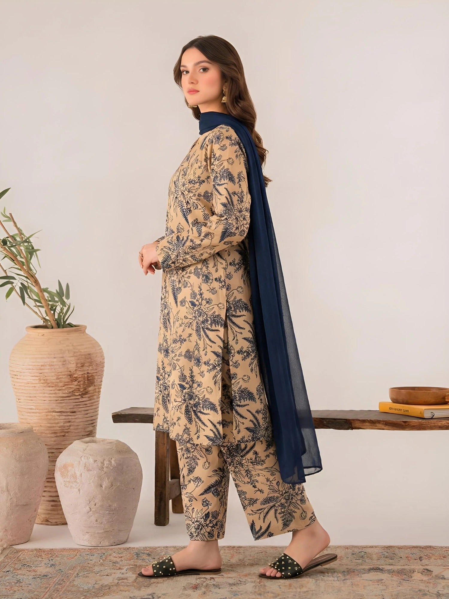 Beige-Libas-e-Khas Linen Printed Stitched 3-Piece Suit-Shiza