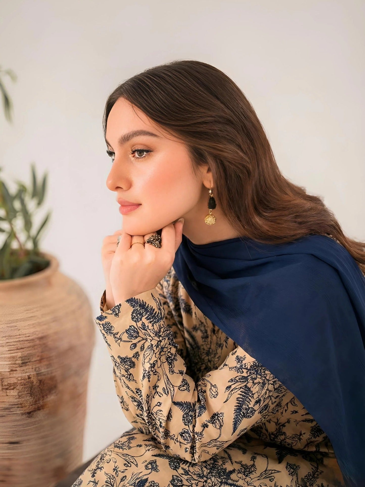 Beige-Libas-e-Khas Linen Printed Stitched 3-Piece Suit-Shiza