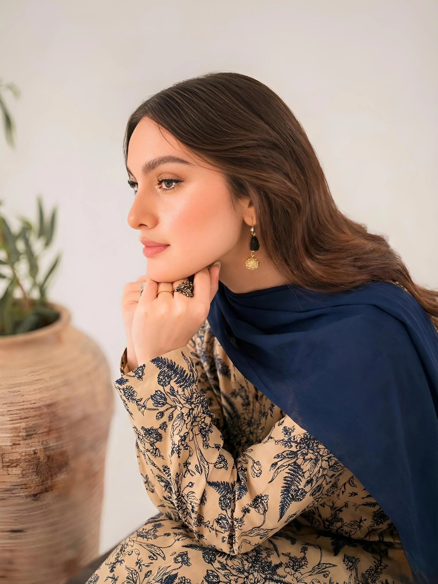 Beige-Libas-e-Khas Linen Printed Stitched 3-Piece Suit-Shiza