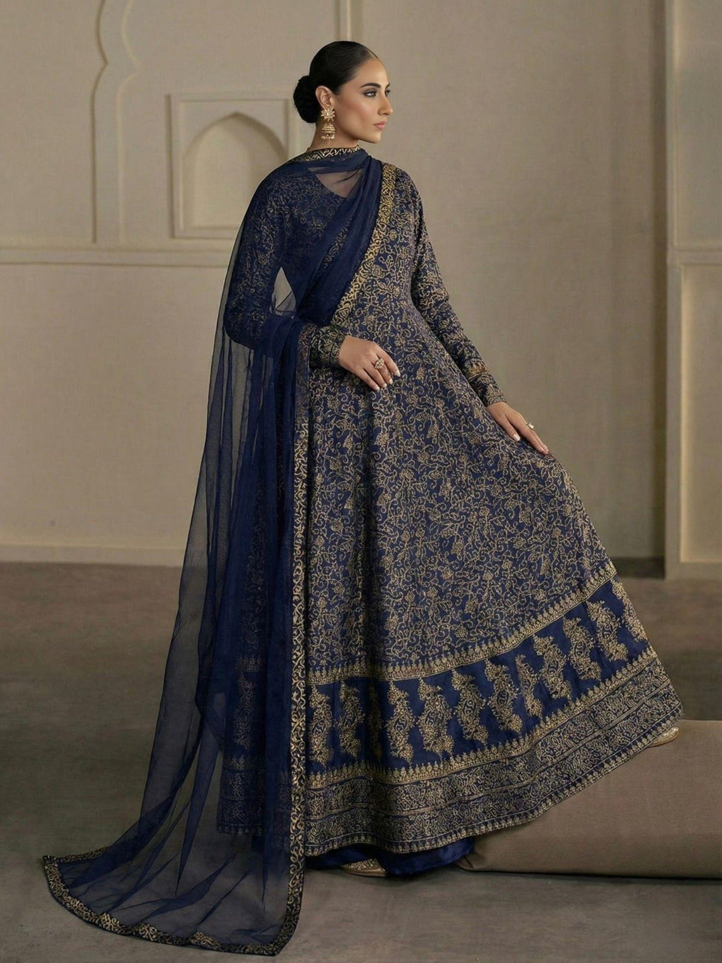 Blue-Libas-e-Khas Kattan Silk Printed Maxi-Shehnai