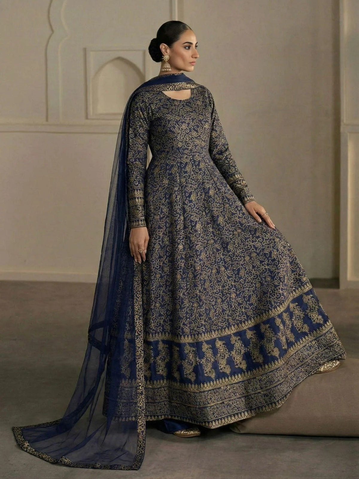 Blue-Libas-e-Khas Kattan Silk Printed Maxi-Shehnai