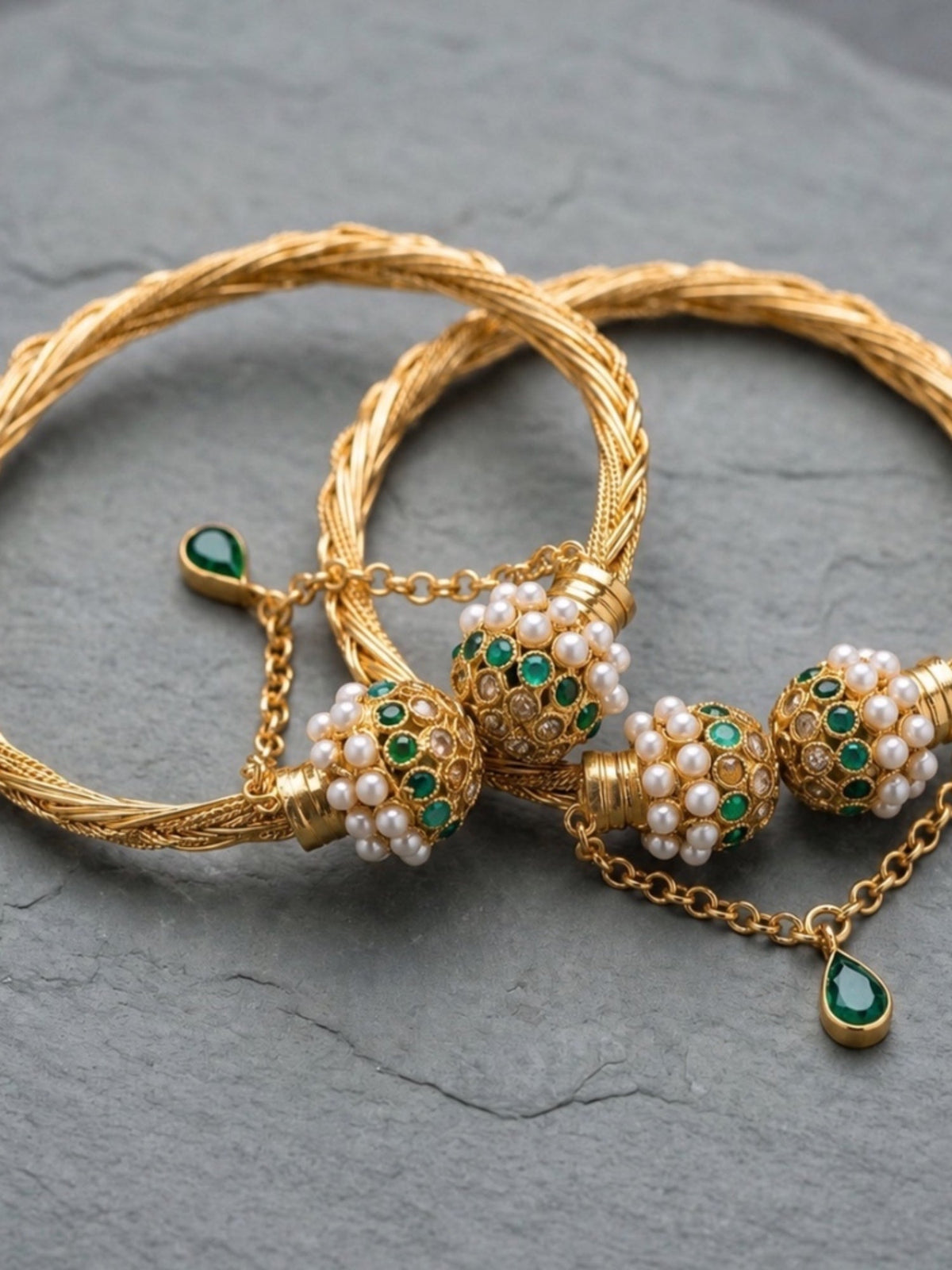 Golden-Orya Jewellery Bangle Set-Emerald Green B21