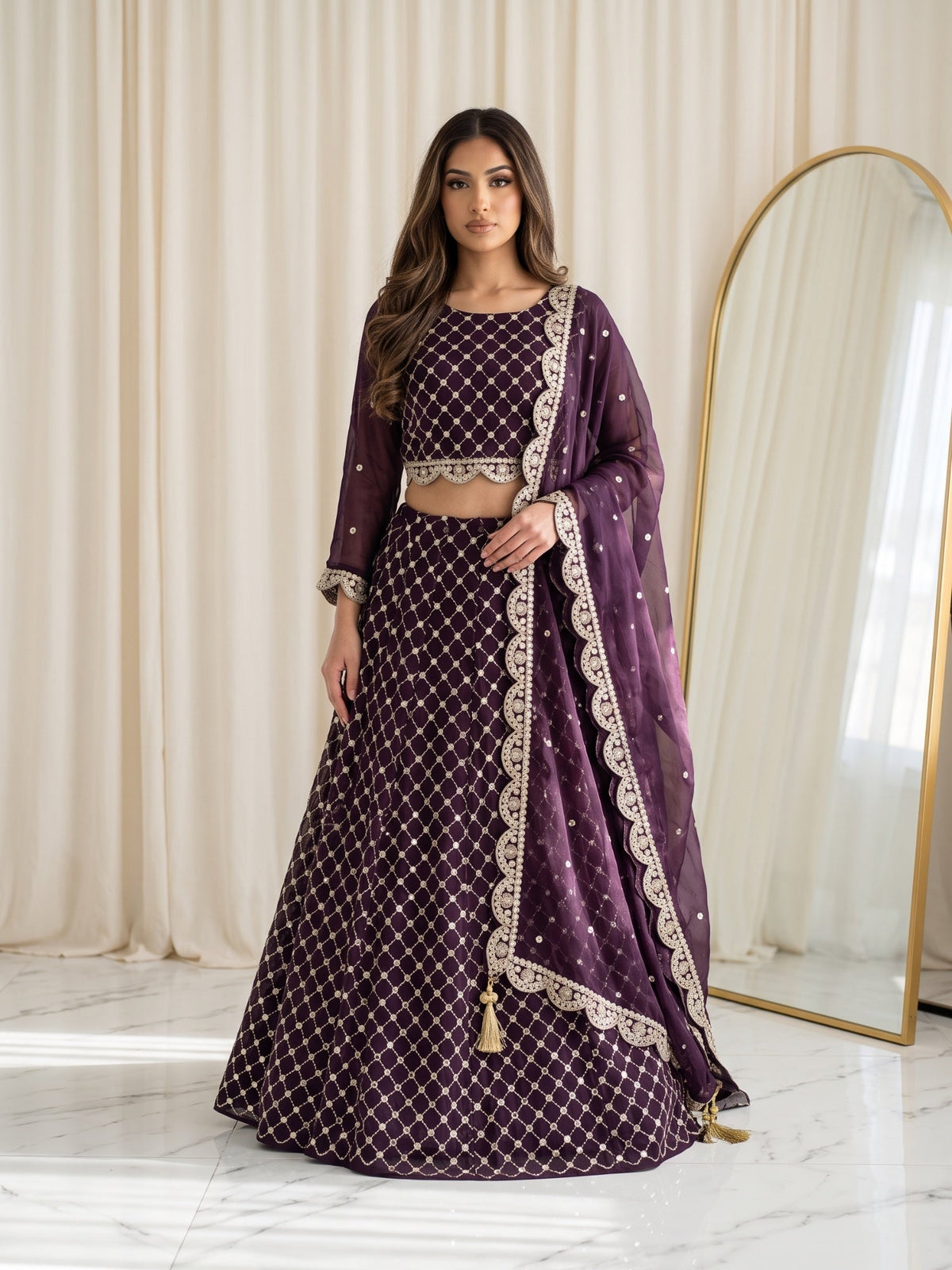 Purplr-Savarna Chiffon Embroidered Lehenga-Plum Purple-64