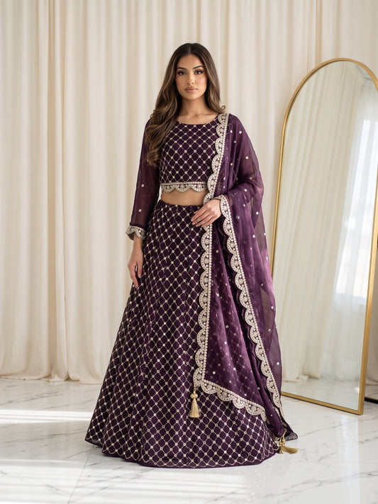 Purplr-Savarna Chiffon Embroidered Lehenga-Plum Purple-64