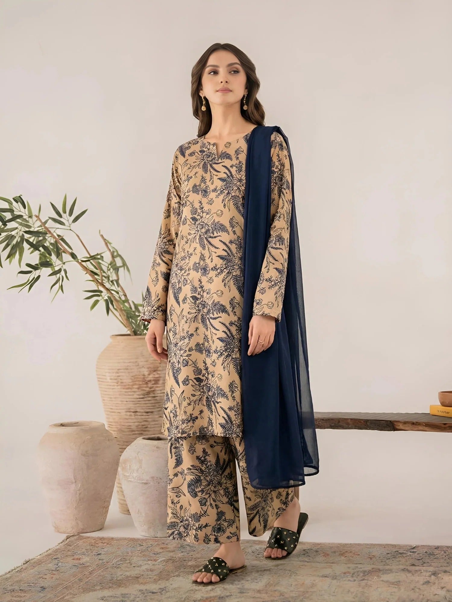 Beige-Libas-e-Khas Linen Printed Stitched 3-Piece Suit-Shiza