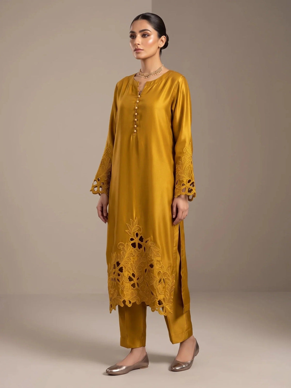 Yellow-Savarna Silk Embroidered Stitched 2-Piece Suit-Mustard 63