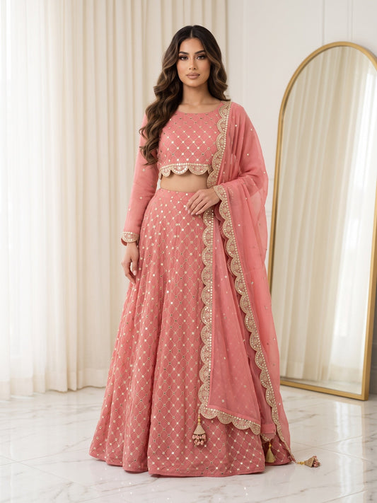 Pink-Savarna Chiffon Embellished Lehenga Choli 3 Piece-Peach Pink-65