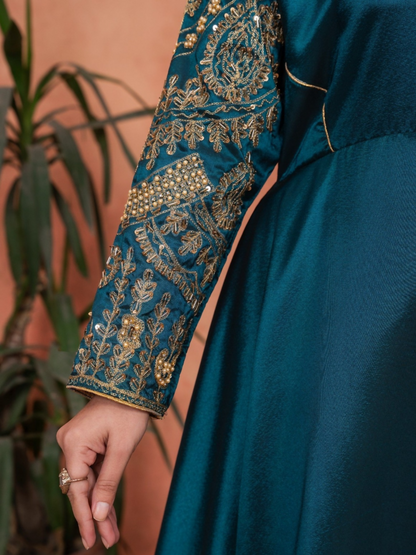 Stylish Collection Majeste Silk Embroidered Maxi-Zuri Teal