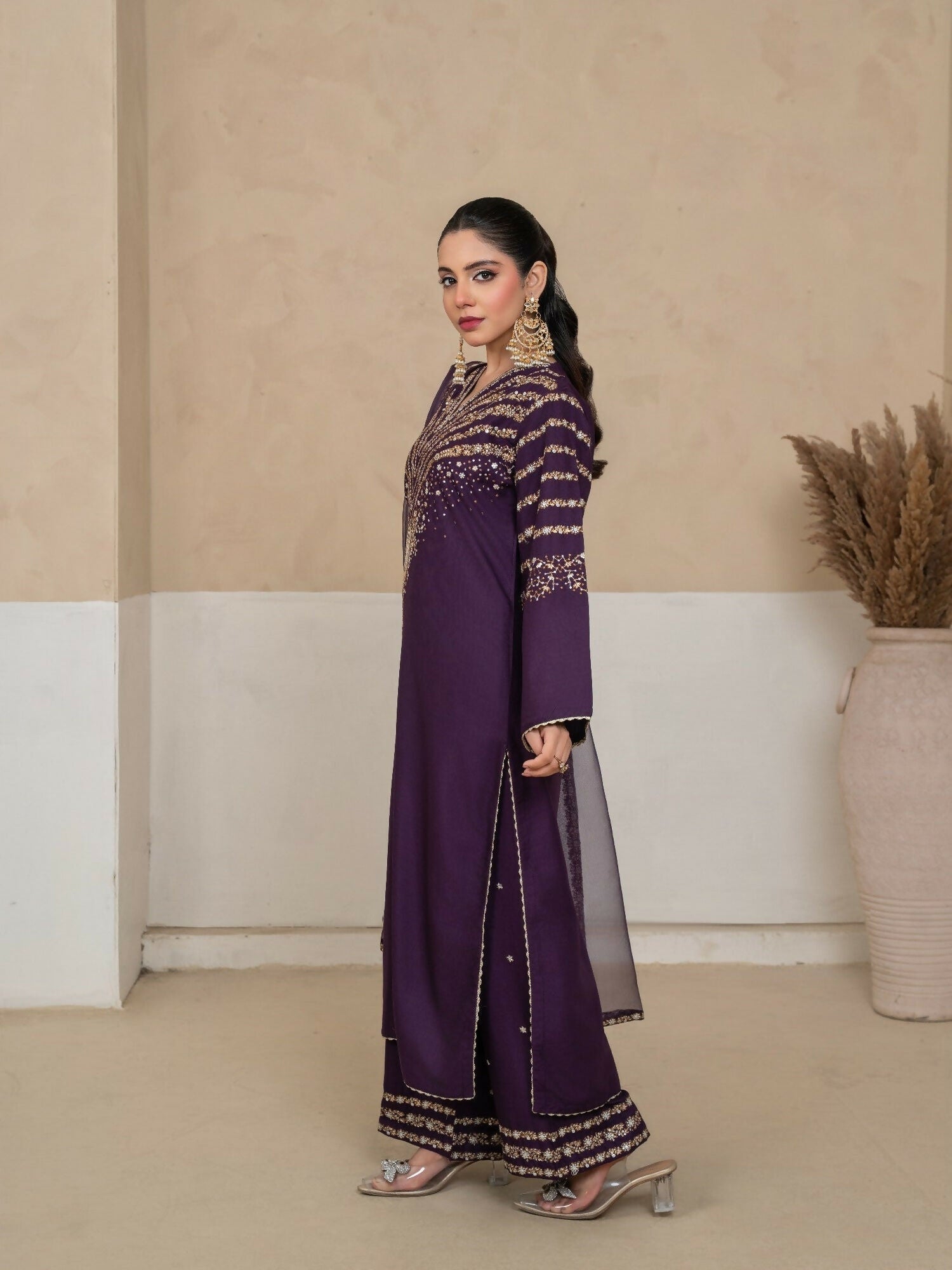Stylish Collection Royal Pret Linen Embroidered Stitched 3-Piece Suit-Jazmine Purple