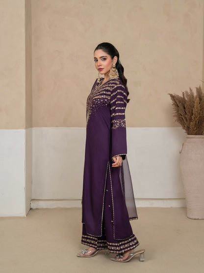 Stylish Collection Royal Pret Linen Embroidered Stitched 3-Piece Suit-Jazmine Purple