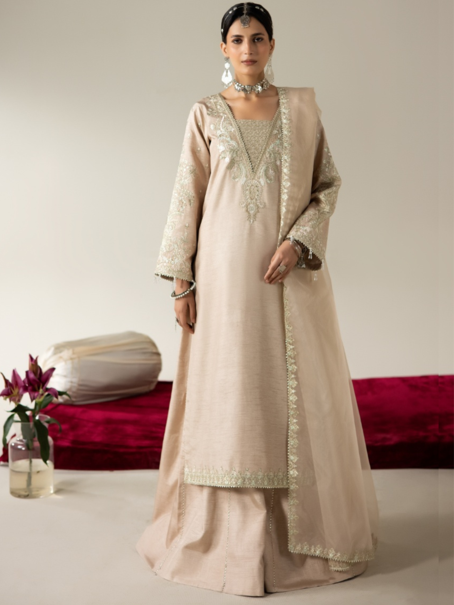 Beige Enzo Lune Des Fleurs Korean Raw Silk Embroidered Unstitched 3-Piece Suit-Reina