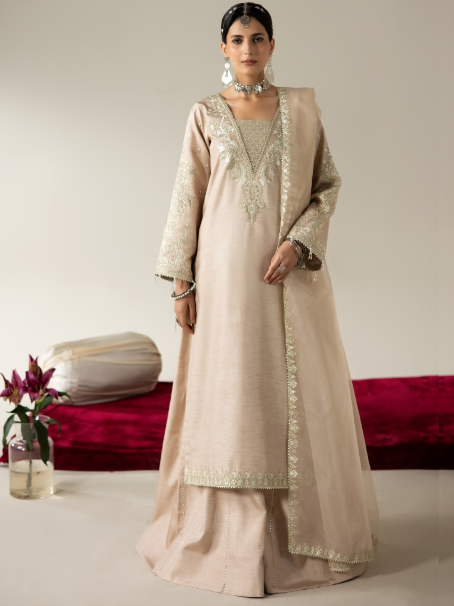 Beige Enzo Lune Des Fleurs Korean Raw Silk Embroidered Unstitched 3-Piece Suit-Reina