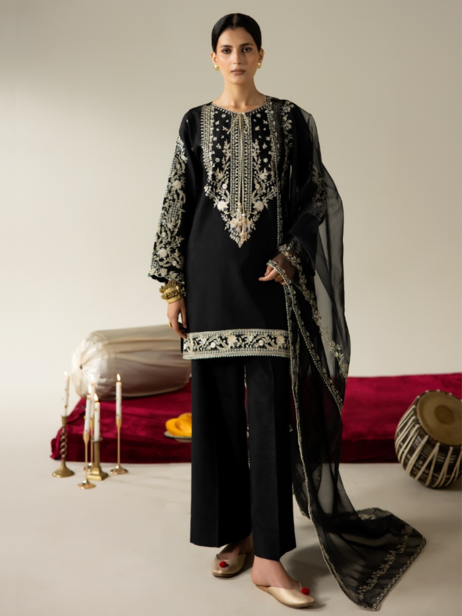 Black Enzo Lune Des Fleurs Korean Raw Silk Embroidered Stitched 3-Piece Suit-Mavros