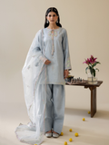 Blue Enzo Lune Des Fleurs Korean Raw Silk Embroidered Unstitched 3-Piece Suit-Esme