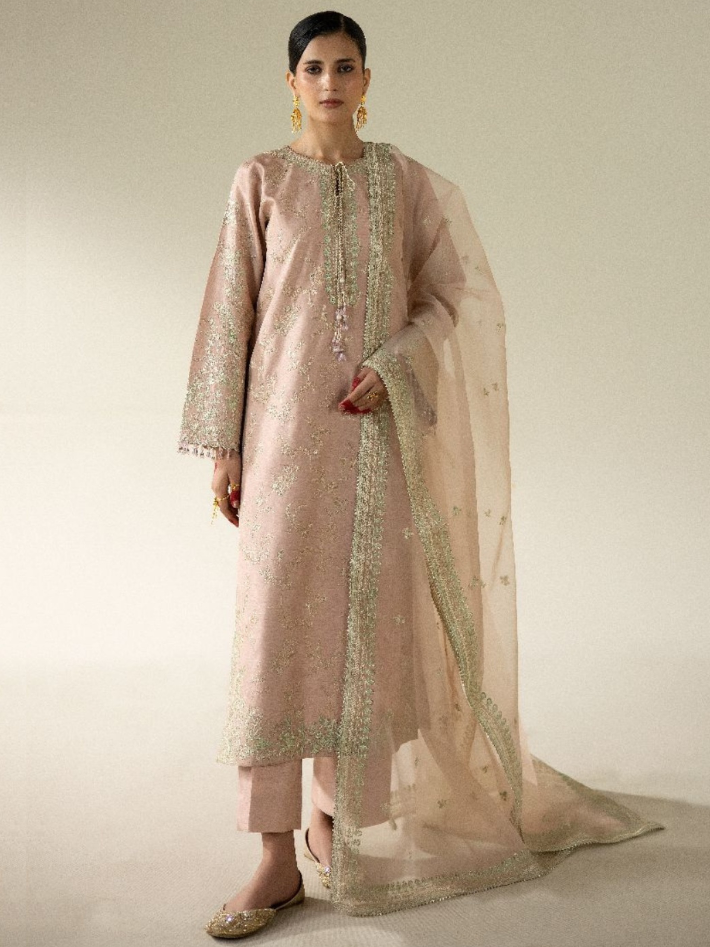 Peach Enzo Lune Des Fleurs Korean Raw Silk Embroidered Stitched 3-Piece Suit-Vaila