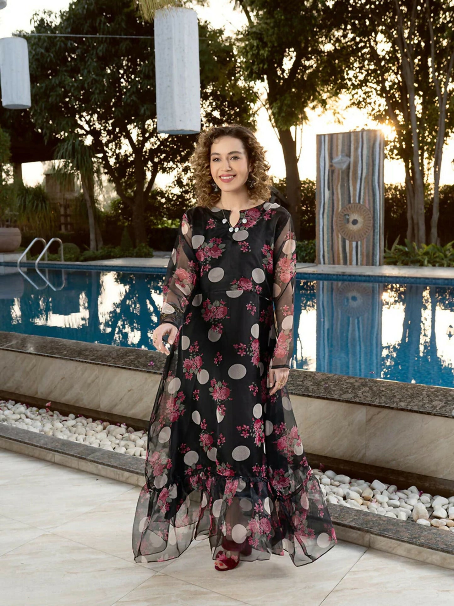 Panache Apparel Organza Printed Frock-Aster