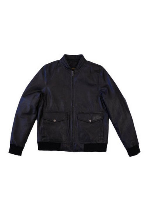 Black full-grain sheep leather jacket with a sleek, modern silhouette and timeless appeal, designed for bold, confident style.