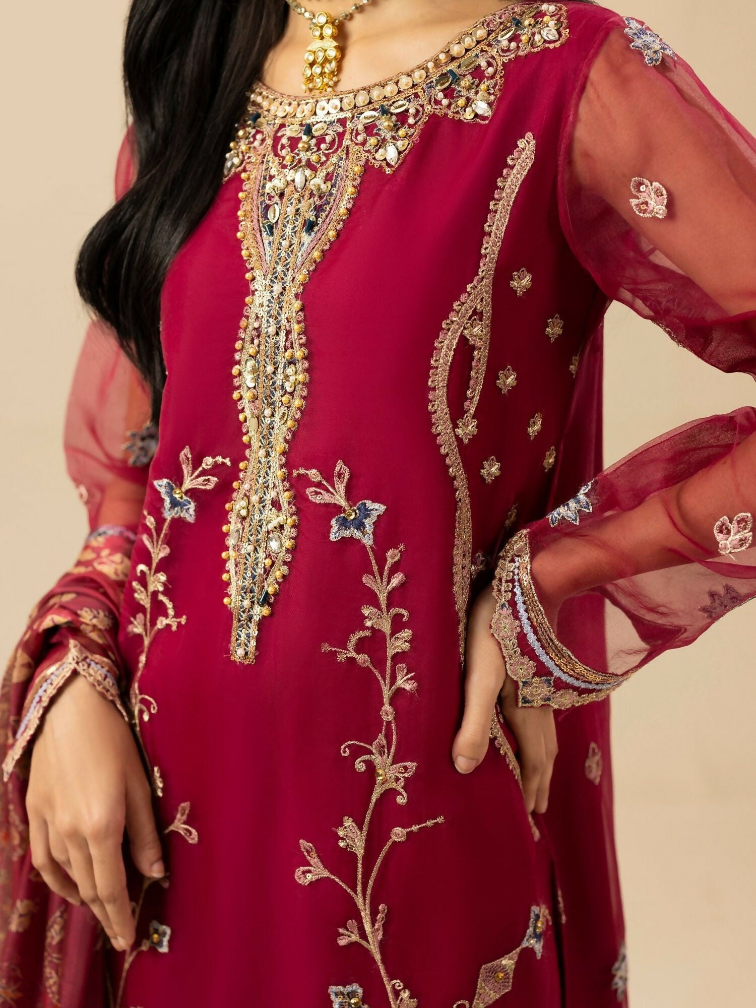 Shurooq Garden Of Dreams Organza Embroidered Stitched 3-Piece Suit-Poppy